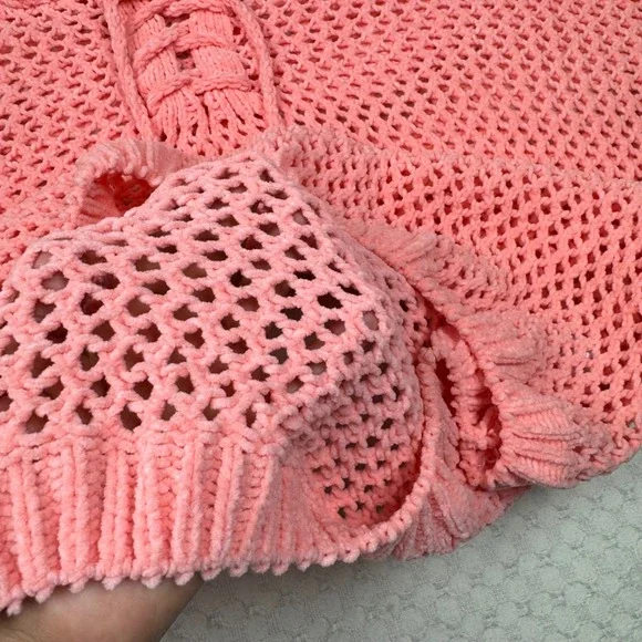 Miracle Open Knit Crochet Lace Up Hoodie Sweater M/L Peach Shabby Chic Boho - Picture 6 of 8